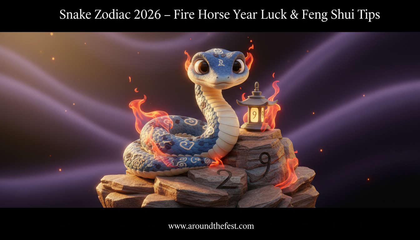 illustration showing Fire Horse energy, lucky colors purple and black, numbers 2 and 9, South direction, and Feng Shui candle tips