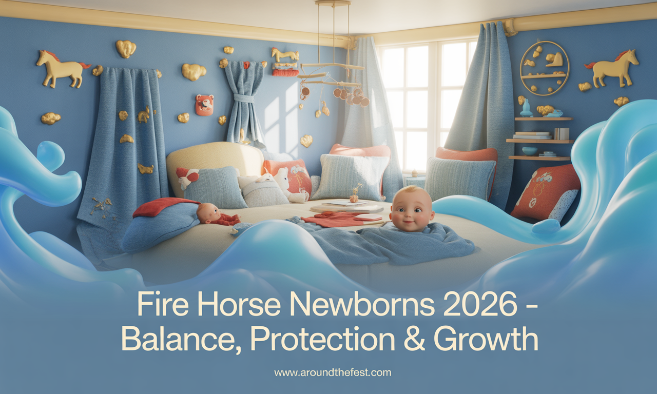 Fire Horse 2026 newborn illustration showing Feng Shui guidance, calming colors, and protective red accents for baby Horse-born children