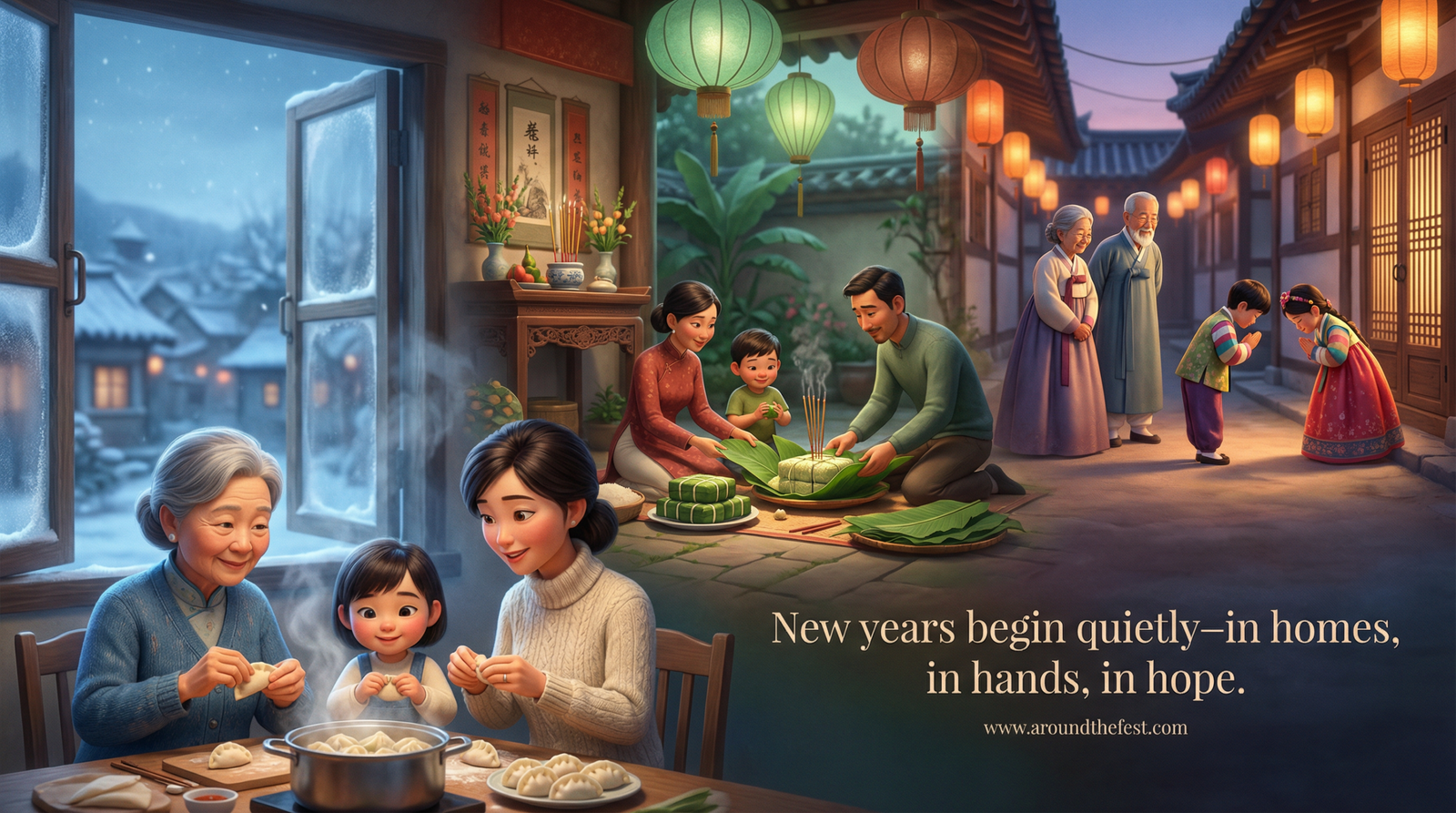 riverside lantern festival with families celebrating under a full moon.