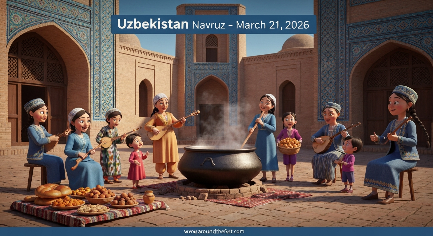 Navruz spring festival in Uzbekistan on March 21, 2026 with communal sumalak cooking ceremony