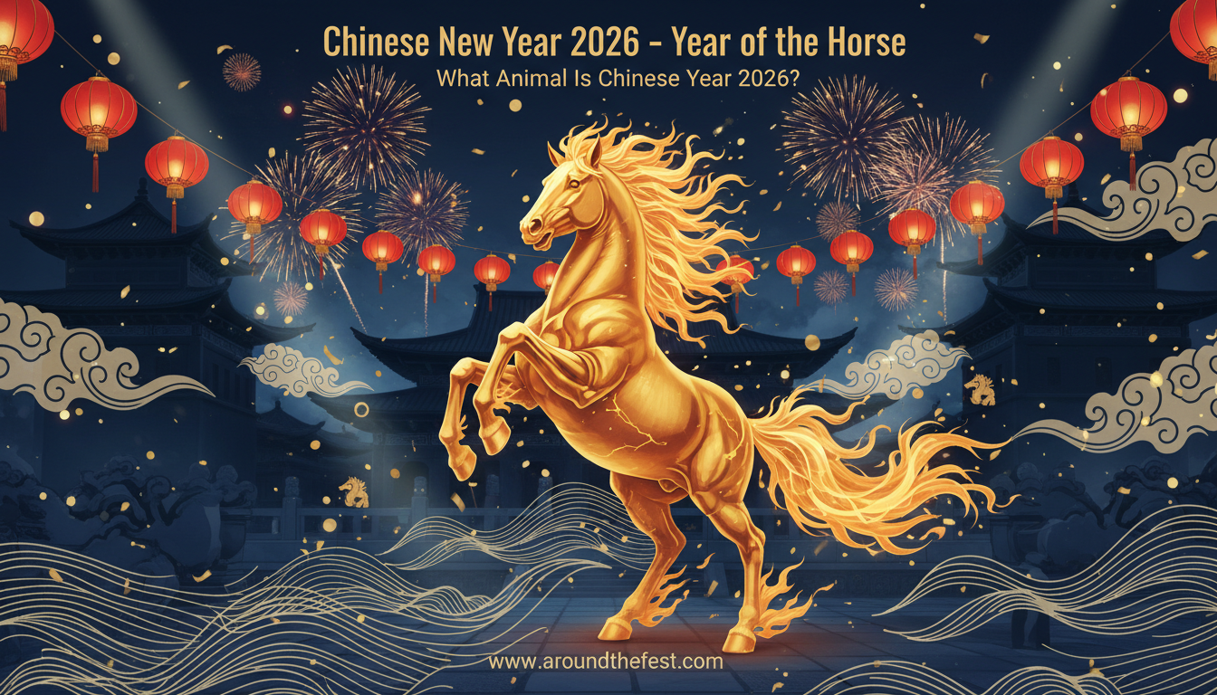 Chinese New Year 2026 Year of the Horse golden Fire Horse with red lanterns and fireworks during Lunar New Year celebration
