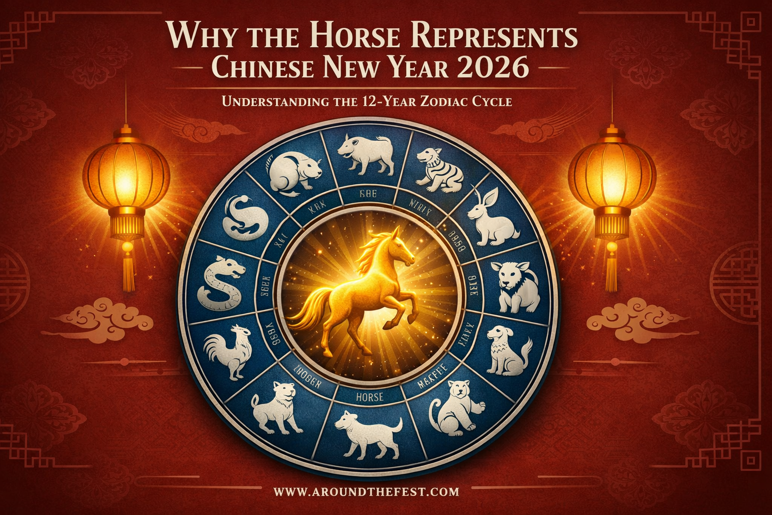 Chinese zodiac wheel with all 12 animals highlighting the Horse for Chinese New Year 2026 on red background
