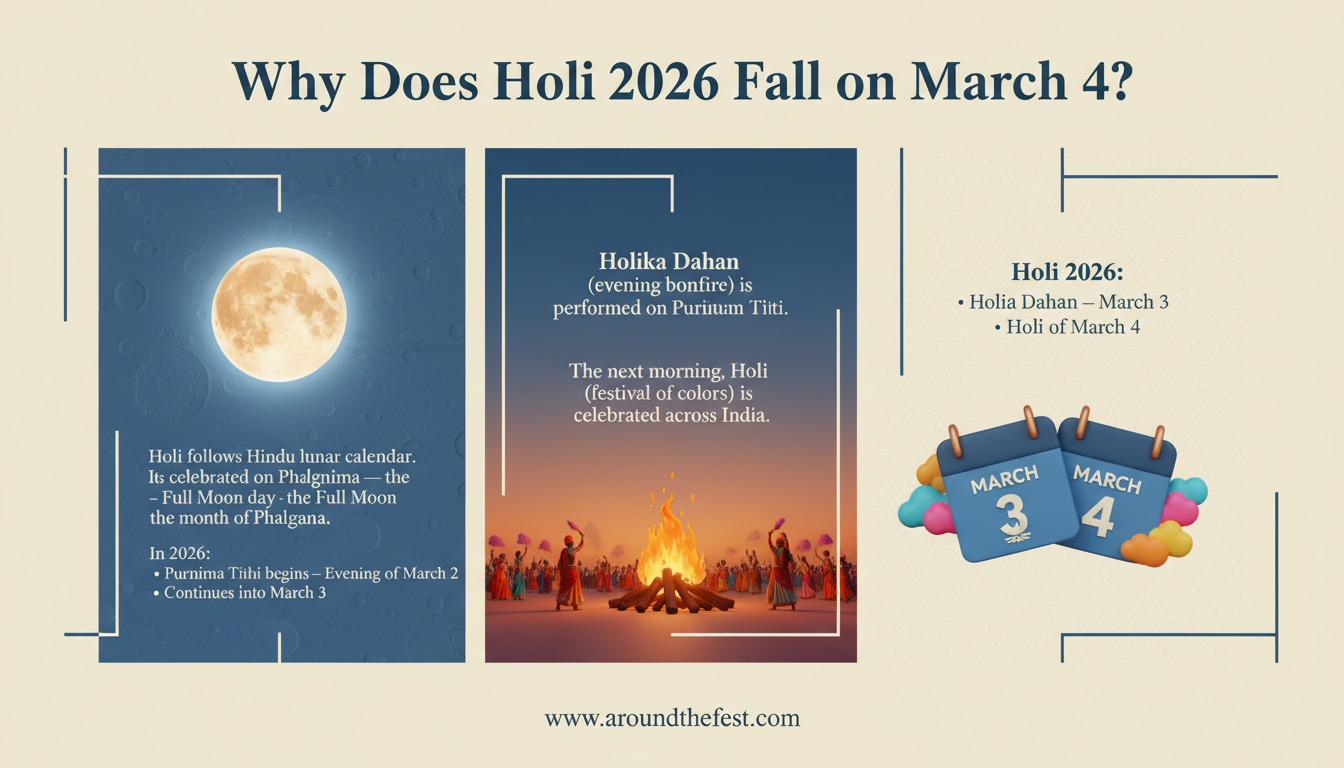 Modern infographic banner explaining why Holi 2026 falls on March 4, showing Phalguna Purnima full moon, March 3 Holika Dahan after sunset, and March 4 Rangwali Holi celebration.