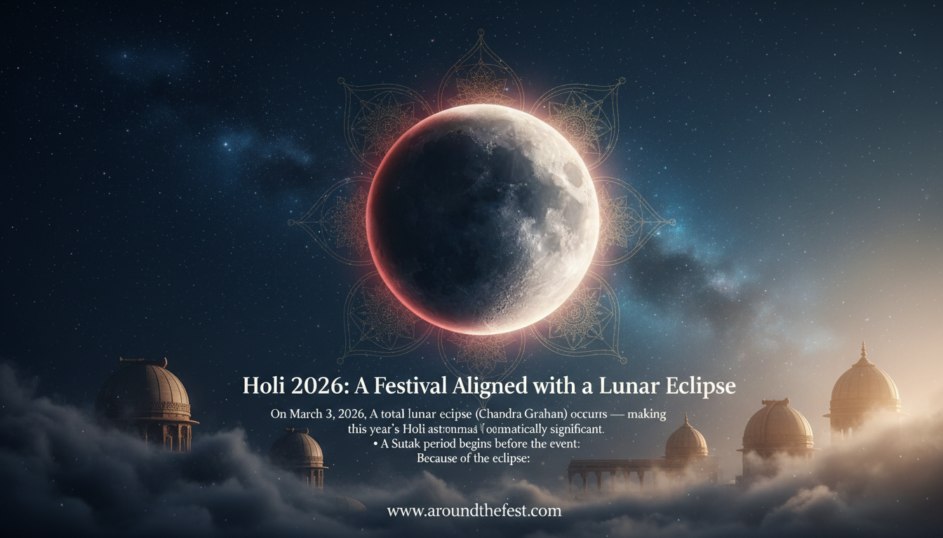 Holi 2026 astronomical banner showing total lunar eclipse on March 3, 2026, explaining Sutak period impact and March 4 Rangwali Holi celebration.