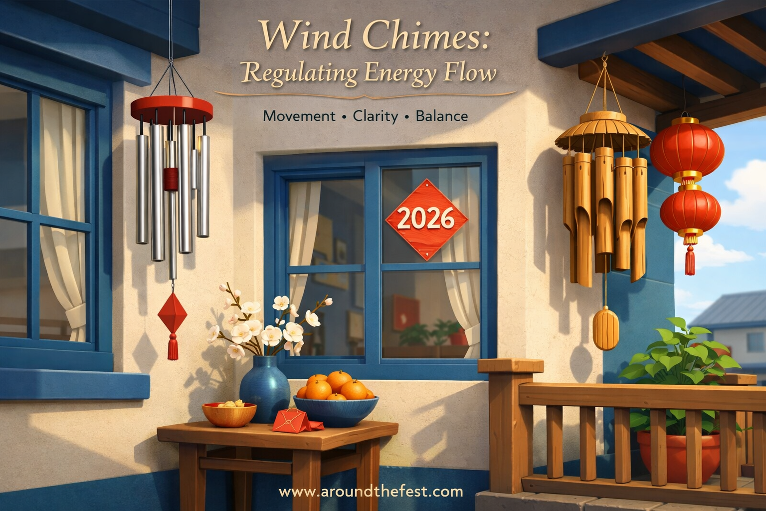 Traditional metal and bamboo wind chimes used for energy balance