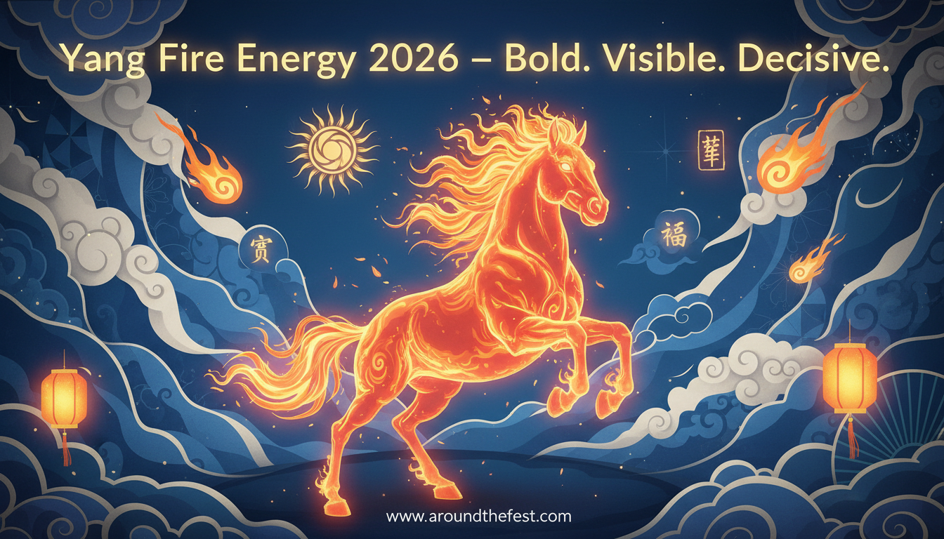 Yang Fire energy 2026 Fire Horse illustration showing bold, visible, and decisive energy