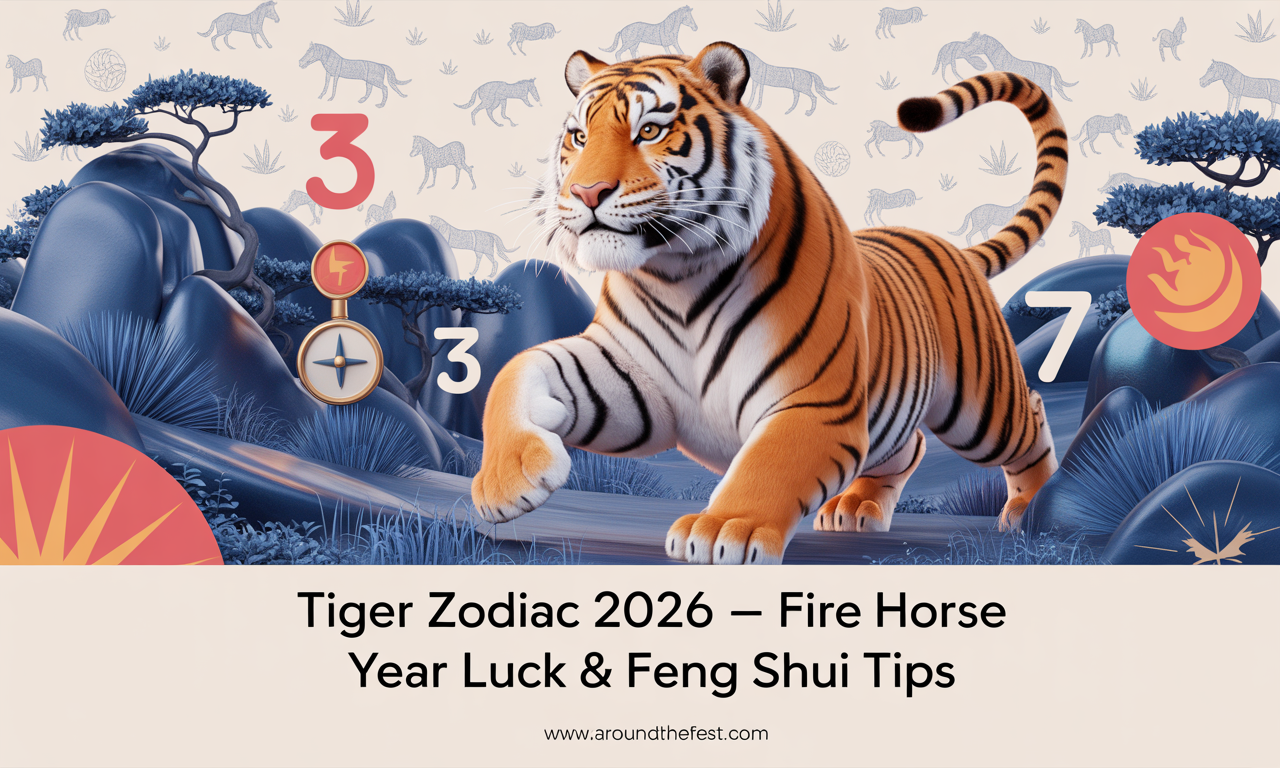 illustration showing Fire Horse alignment, lucky colors red and orange, numbers 3 and 7, East direction, and Feng Shui symbols