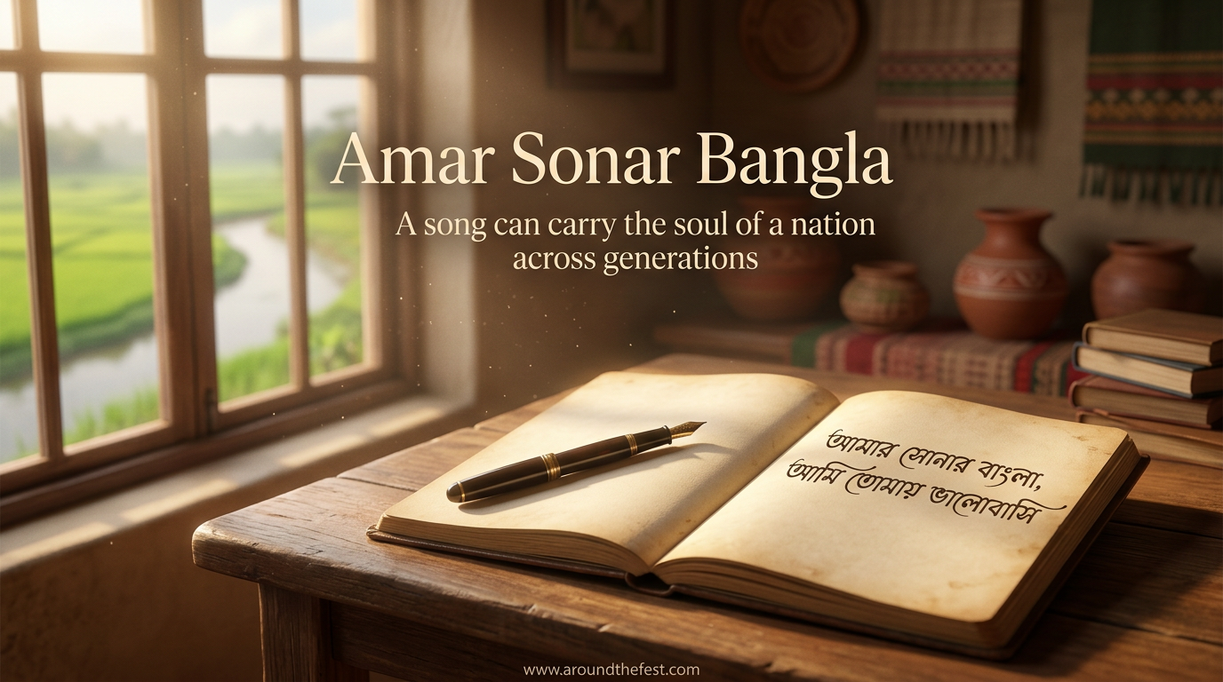 Amar Sonar Bangla national anthem concept with handwritten lyrics and cultural elements representing Bangladesh identity