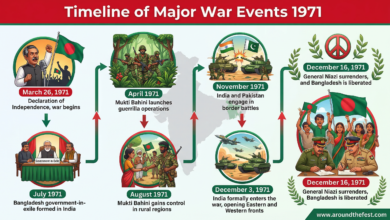 Infographic timeline showing key events of the Bangladesh Liberation War from March 26 declaration of independence to December 16 Pakistani surrender and Bangladesh independence.