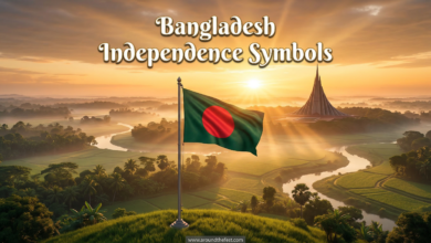 Bangladesh Independence Symbols banner with national flag, sunrise background, and symbolic memorial representing freedom and unity