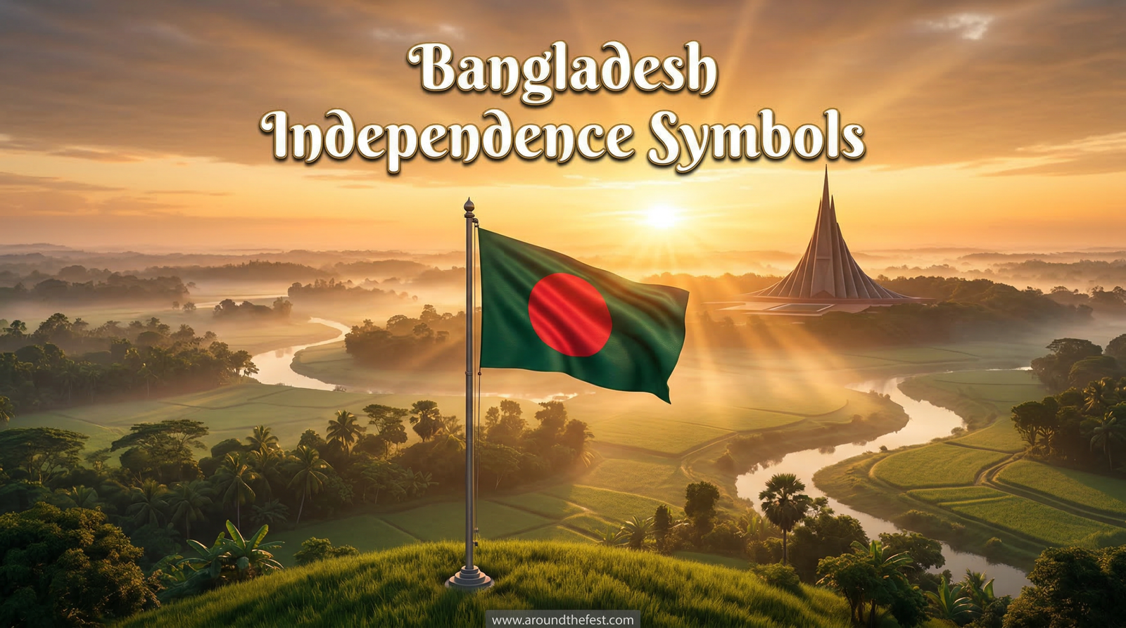 Bangladesh Independence Symbols banner with national flag, sunrise background, and symbolic memorial representing freedom and unity
