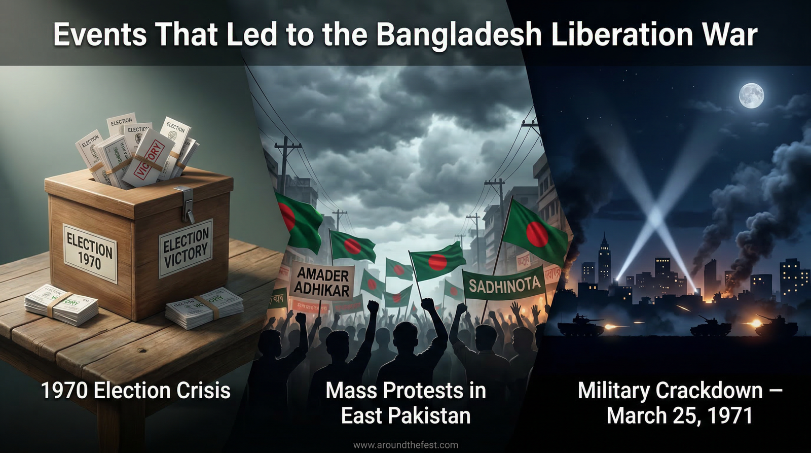 Timeline image of Bangladesh liberation war showing 1970 election, protests, and March 1971 military crackdown