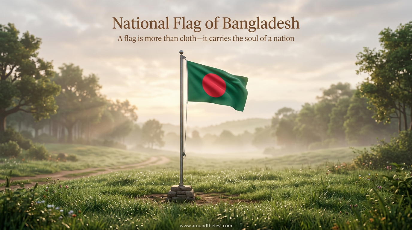 Bangladesh flag in misty field with soft sunlight representing national identity