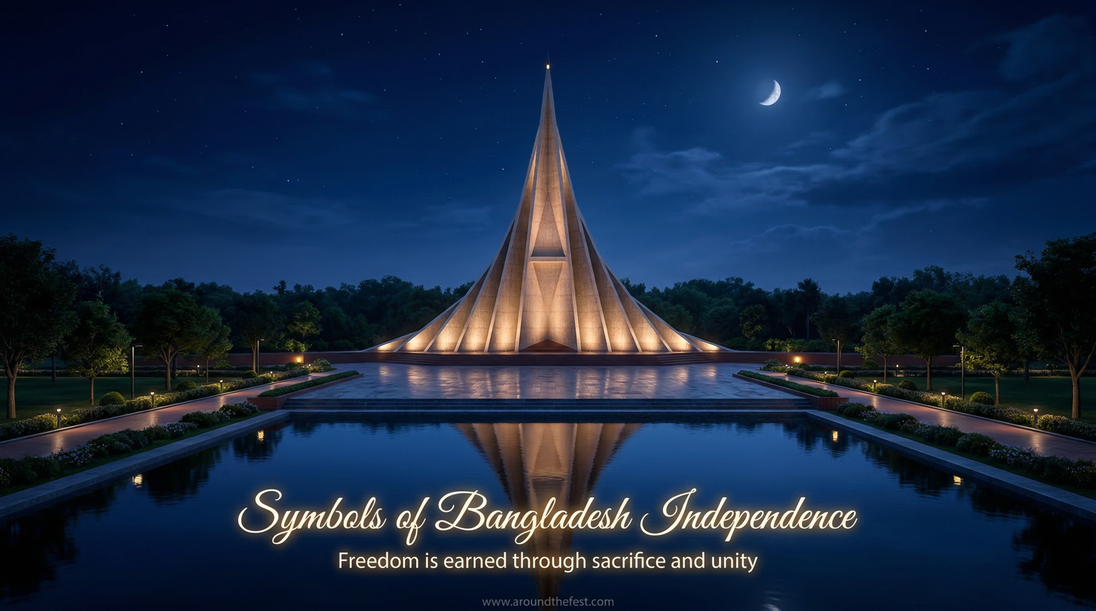 Bangladesh independence memorial at night with glowing lights and quote about freedom and unity