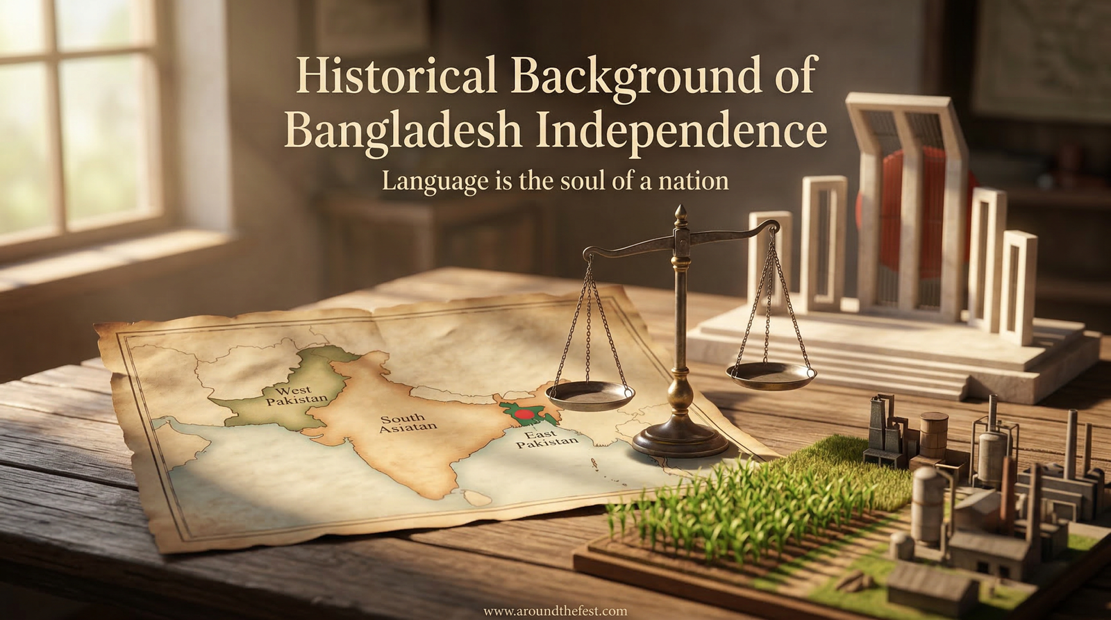 Realistic Bangladesh independence history scene with map, inequality symbols, and language movement monument